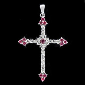 3ct Round Cut Pink Ruby Christ Cross Slim Pendant 14k White Gold Finish NO CHAIN