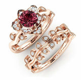 2ct Round Cut Red Garnet Floral Bridal Set Engagement Ring 14k Rose Gold Finish