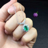 1.6ct Green Emerald Pendant with Chain Oval Cut Diamond Halo 14k White Gold Over