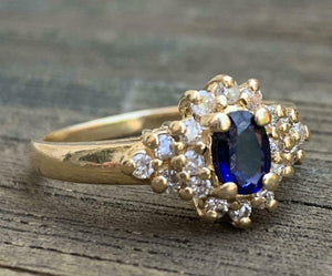 2.5ct Engagement Ring Oval Cut Blue Sapphire Cluster 14k Yellow Gold Finish