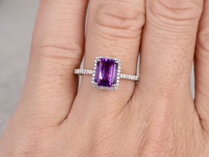 2.3ct Emerald Cut Purple Amethyst Engagement Ring Halo 14k White Gold Finish