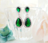 4ct Pear Cut Green Emerald Water Tear Halo Drop Earrings 14k White Gold Finish