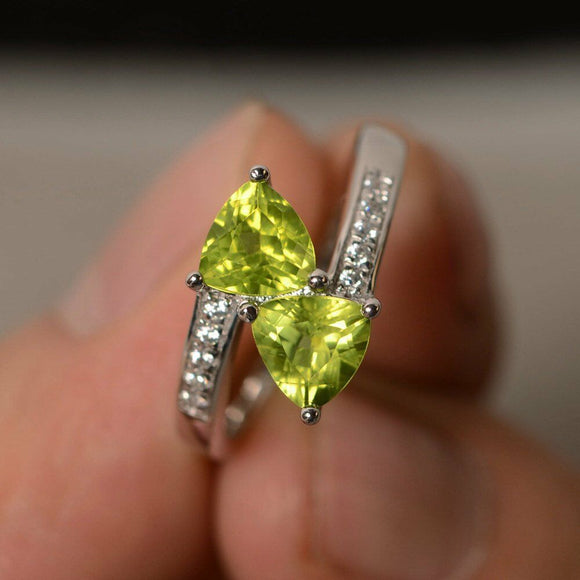 2ct Trillion Cut Green Peridot Double Stone Engagement Ring 14k WhiteGold Finish