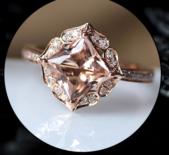 1.9ct Princess Cut Peach Morganite Engagement Ring 14k Rose Gold Finish Vintage