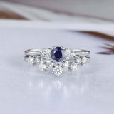 1.6ct Round Cut Blue Sapphire Engagement Ring Bridal Set 14k White Gold Finish