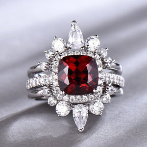 2ct Cushion Cut Red Garnet Crown Trio Set Engagement Ring 14k White Gold Finish