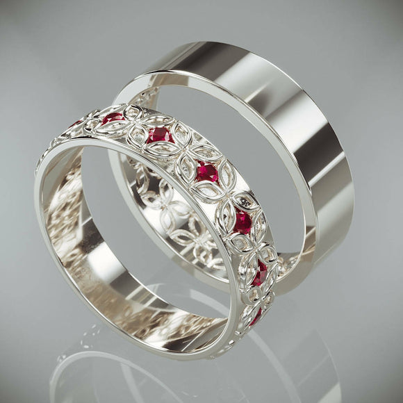 3Ct Round Cut Pink Ruby Vintage Floral Bridal Set Band Ring 14K White Gold Over