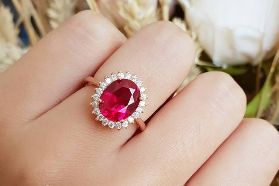 3ct Oval Cut Pink Ruby Engagement Ring 14k Rose Gold Finish Halo Princess Diana