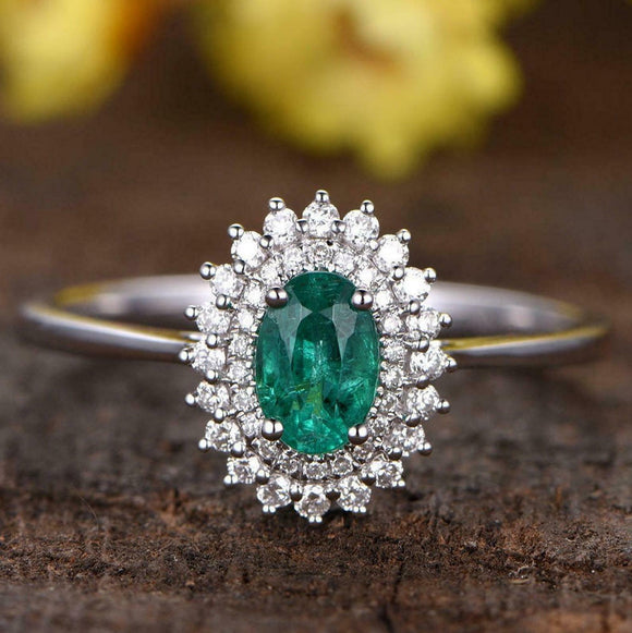 2ct Oval Cut Green Emerald Engagement Ring Dual Halo Floral 14k White Gold Over