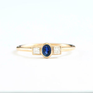 0.7ct Oval Cut Blue Sapphire Diamond Trilogy Engagement Ring 14k YellowGold Over