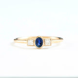 0.7ct Oval Cut Blue Sapphire Diamond Trilogy Engagement Ring 14k YellowGold Over