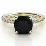 1.2ct Cushion Cut Black Diamond Solitaire Engagement Ring 14k Yellow Gold Finish