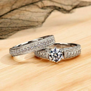 3Ct Round Cut Diamond Vintage Milgrain Bridal Wedding Set 14K White Gold Finish