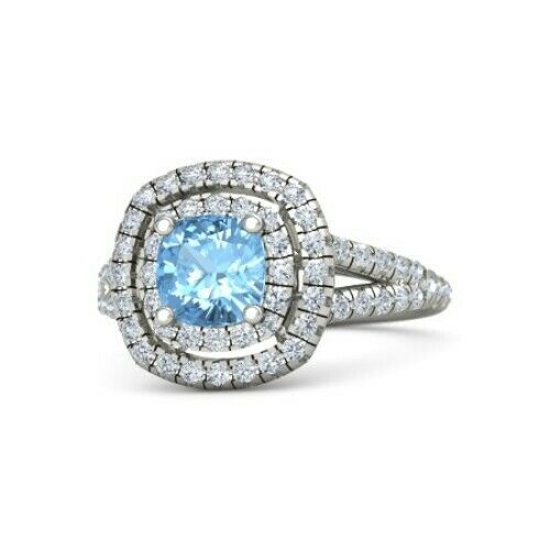 4Ct Cushion Cut Blue Aquamarine Dual Halo Engagement Ring 14K White Gold Finish