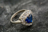 2.2ct Engagement Ring Heart Cut Blue Sapphire Diamond Halo 14k White Gold Finish