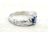 1ct Heart Cut Blue Sapphire Engagement Ring Claddagh Irish 14k White Gold Finish