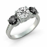 2ct Round Cut Black Diamond Three Stone Engagement Ring 14k White Gold Finish