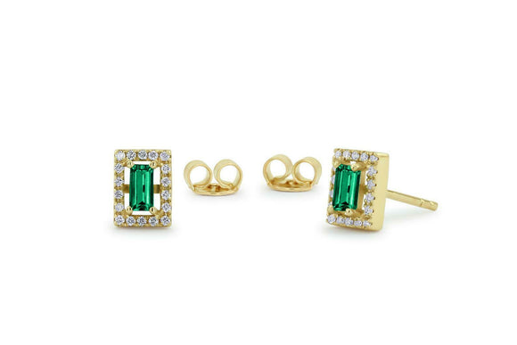 1.4ct Baguette Cut Green Emerald Diamond Halo Stud Earrings 14k Yellow Gold Over