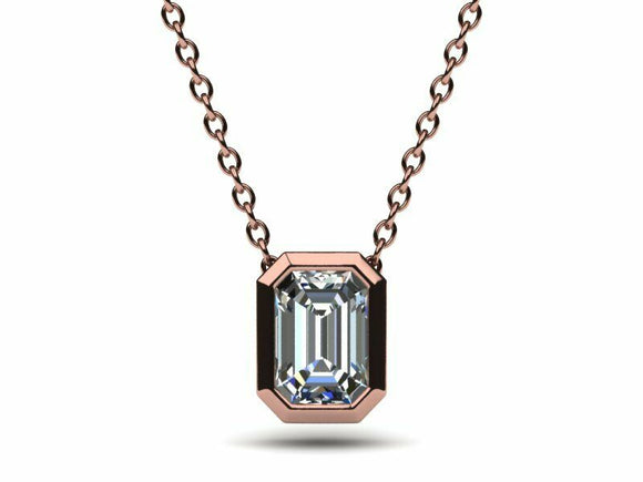 1ct Diamond Pendant Chain Emerald Cut Bezel Set Solitaire 14k Rose Gold Finish