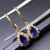 3.4ct Drop Earrings Pear Cut Blue Tanzanite Diamond Halo 14k Yellow Gold Finish