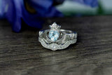 2ct Heart Blue Aquamarine Engagement Ring Claddagh Bridal Set 14k WhiteGold Over