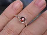 1.3Ct Round Cut Red Garnet Halo Solitaire Engagement Ring 14K Rose Gold Finish