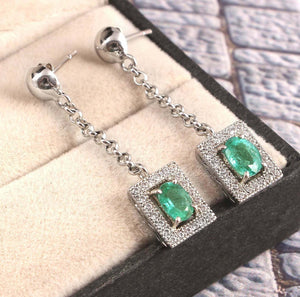 2.5ct Oval Cut Green Emerald Dangling Halo Drop Earrings 14k White Gold Finish