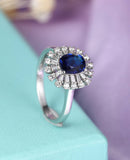 2.5ct Oval Cut Blue Sapphire Baguette Halo Engagement Ring 14k White Gold Finish