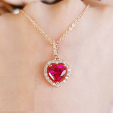 2ct Heart Cut Pink Ruby Halo Cluster Pendant with Chain 14k Rose Gold Finish