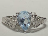 3ct Pear Cut Blue Aquamarine Solitaire Cluster Accent Ring 14k White Gold Finish