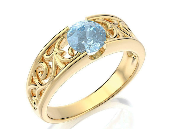 1ct Round Blue Aquamarine Vintage Filigree Engagement Ring 14k Yellow Gold Over