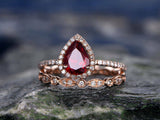 2Ct Pear Cut Red Garnet Bridal Set Vintage Band Halo Ring 14K Rose Gold Finish