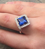 2ct Engagement Ring Princess Cut Blue Sapphire Diamond Halo 14k White Gold Over