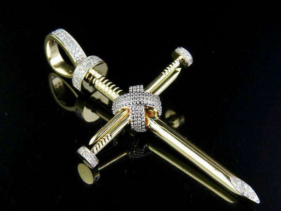 0.39ct Round Cut VVS1D Diamond Nail Cross Design Pendant 14k Yellow Gold Finish