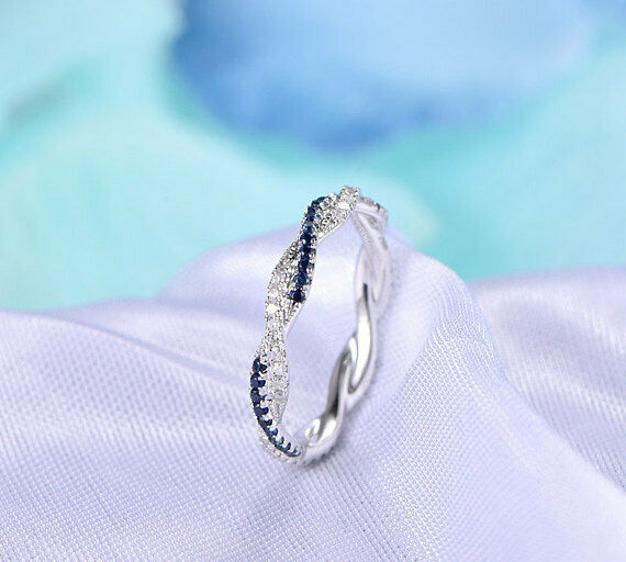 1.1ct Round Cut Blue Sapphire Wedding Band Twisted Infinity 14k White Gold Over