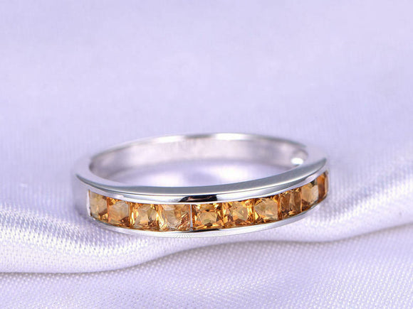 2ct Princess Cut Yellow Citrine Wedding Band Half Eternity 14k White Gold Finish