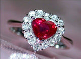 3Ct Heart Cut Pink Ruby Diamond Halo Love Engagement Ring 14K White Gold Finish