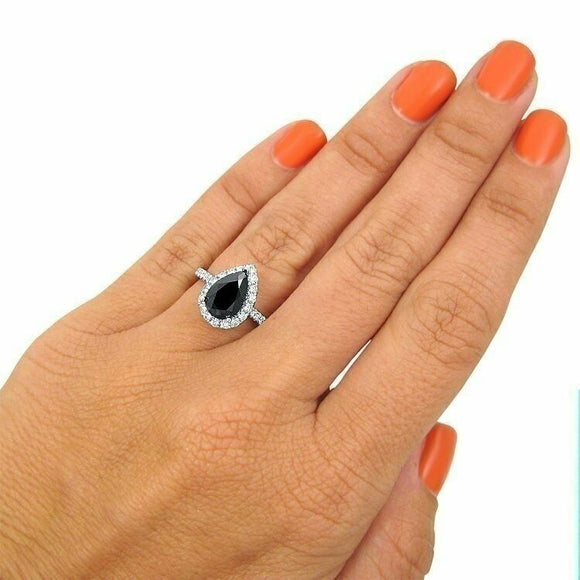 4Ct Pear Cut Black Diamond Halo Engagement Ring 14K White Gold Over Round Accent