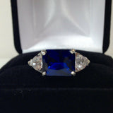 2.5ct Emerald Blue Sapphire Diamond Trilogy Engagement Ring 14k White Gold Over