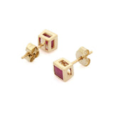 0.7ct Stud Earrings Princess Cut Pink Ruby Bezel Solitaire 14k YellowGold Finish