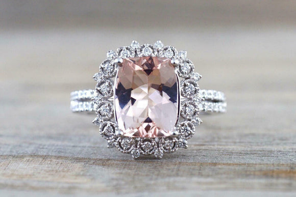 2.3ct Cushion Cut Morganite Vintage Halo Split Shank Ring 14k White Gold Finish