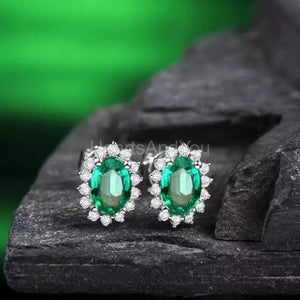 1ct Oval Simulated Green Emerald Floral Halo Stud Earrings 14k White Gold Plated