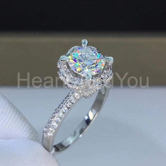 2ct Round Cut Moissanite Floral Heart Halo Engagement Ring 14K White Gold Plated