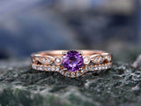 1.5Ct Round Cut Purple Amethyst Minimalist Bridal Set Ring 14K Rose Gold Finish