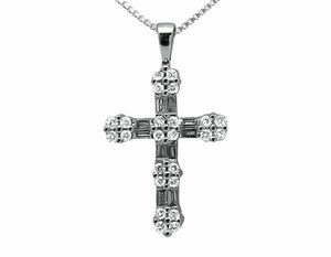 0.55ct Round & Baguette Cut Diamond Pendant Flower Cross 14k White Gold Finish