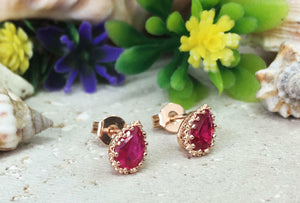 1ct Pear Cut Pink Ruby Crown Teardrop Women Stud Earrings 14k Yellow Gold Finish