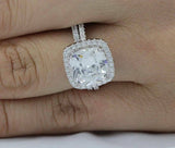 5Ct Cushion Cut Diamond Bridal Set Halo Round Accent Ring 14K White Gold Finish