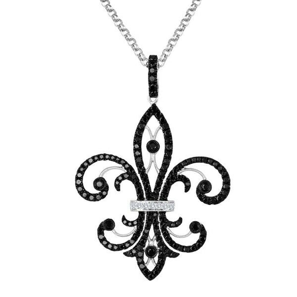 2ct Round Cut B & W Diamond Pendant Fleur-de-Lis 14k White Gold Finish NO CHAIN