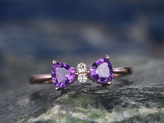 0.3ct Pear Cut Purple Amethyst Bow Tie Engagement Ring 14k Rose Gold Finish