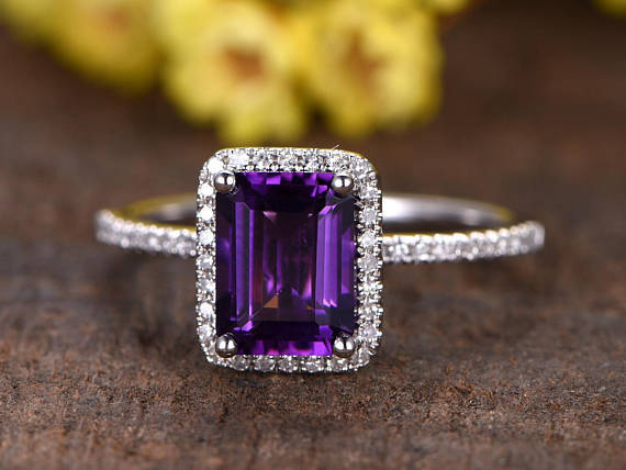 1.5ct Emerald Purple Amethyst Engagement Ring Diamond Halo 14k White Gold Finish